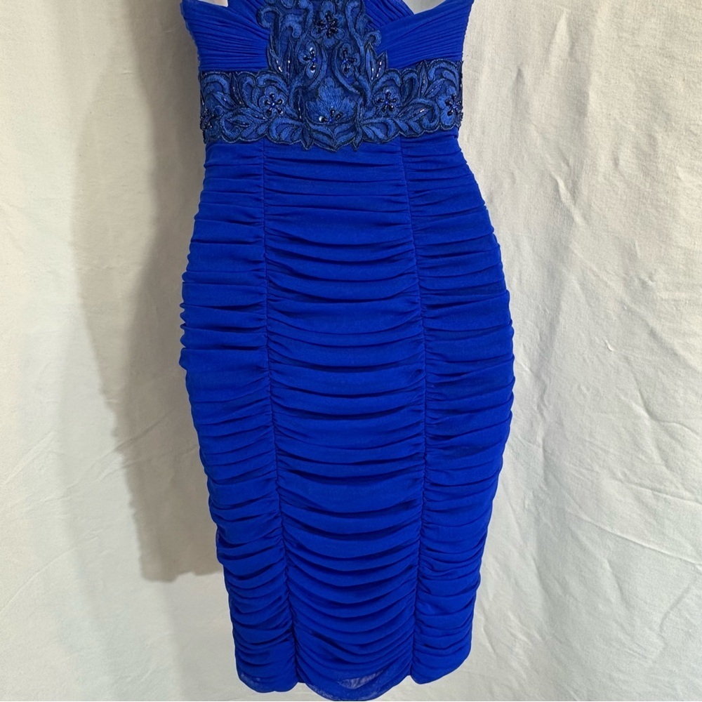 Sue Wong Blue One Shoulder Beaded Cocktail Dress Size 2 Ruched Bodycon - Picture 8 of 12